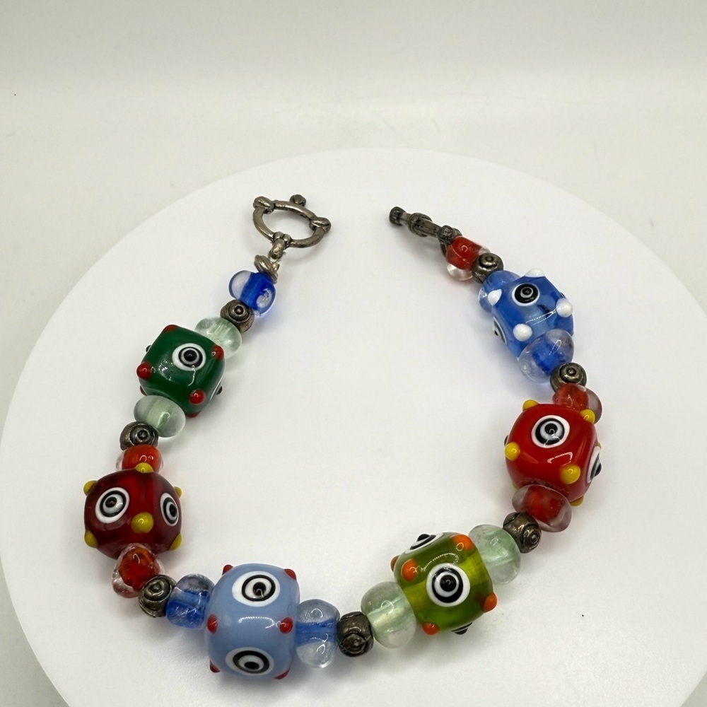 Artisan Glass Beaded Evil Eye Bracelet Multicolor 8”